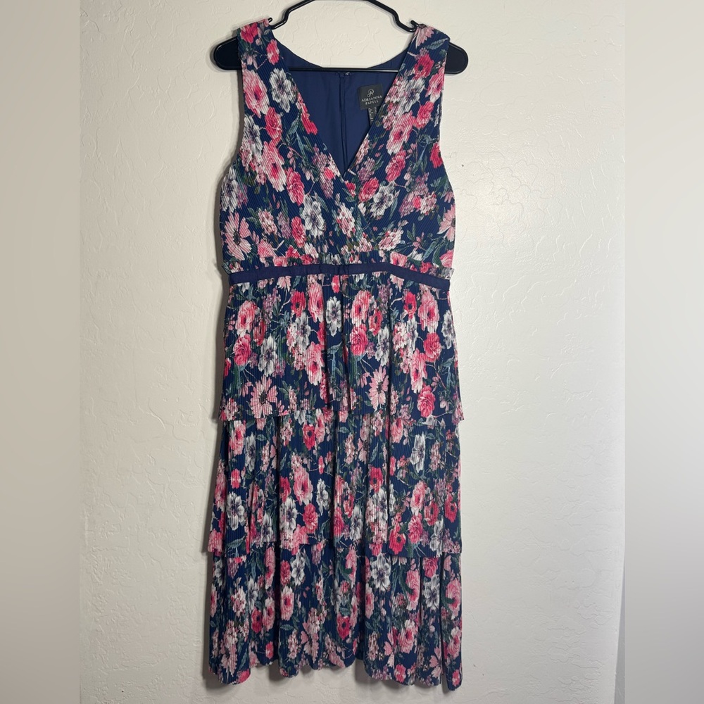 Adrianna Papell‎ Floral Tiered Pleated Midi Dress Size 12 Blue Pink Sleeveless